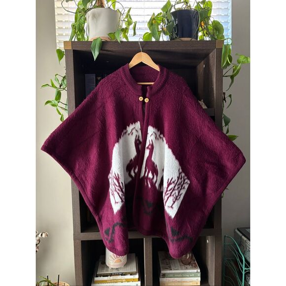 One Of A Kind Burgundy & White Alpaca Poncho Cape Sweater One Size - Picture 3 of 6